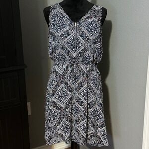 Maurices Dress Medium Boho Geo Floral Sleeveless Zip Front Fit Flare Modern